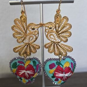 Gold Filigree Peacock Drop Earrings with Turquoise Embroidered Hearts